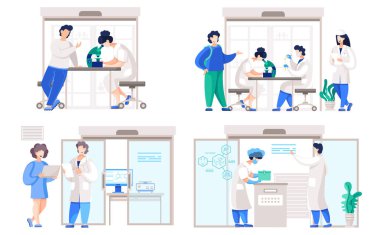 Kimya ve araştırma konularındaki çizimler. Bilim adamları ekipmanlarla çalışır. İnsanlar laboratuarda iletişim kuruyor. Kız mikroskoptan bakıyor. Araştırmaya teknolojik entegrasyon