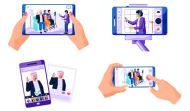 Telefondaki görüntüler hakkında. Arap uyruklu insanlar kameralara röportaj veriyor. Elinde telefon olan kadın, düz vektör illüstrasyonundan bir video masajı kaydediyor.