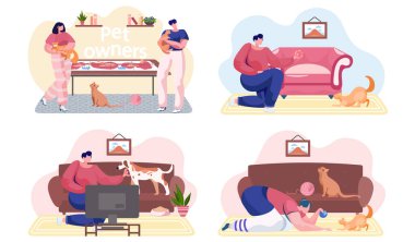 Hayvanlarla oynamakla ilgili bir dizi çizim. Evcil hayvanlarla yapılan etkinlikler. Kızlar kedi ve köpeğe çörek yedirir. Aile, kızıl kedilerle vakit geçirir. İplik yumağı ile kedi yavrusuyla oynayan kadın.