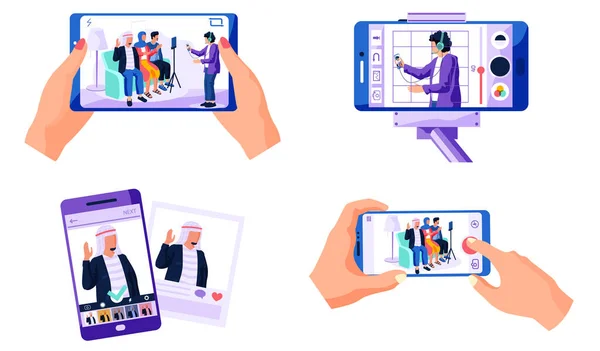 一组关于电话视频的图片 阿拉伯裔人正在接受秘密采访 手持电话的妇女正在记录人们平面病媒图片的视频按摩 — 图库矢量图片