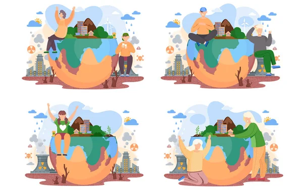地球環境問題をテーマにしたイラストをセット 人々はトランプを手に地球上に座っています キャラクターは楽しさと遊びを持っています 人間活動によって破壊された惑星 — ストックベクタ