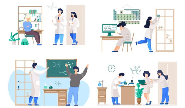 Conjunto Ilustraciones Sobre Tema Del Trabajo Con Equipos Investigación Química — Vector de stock