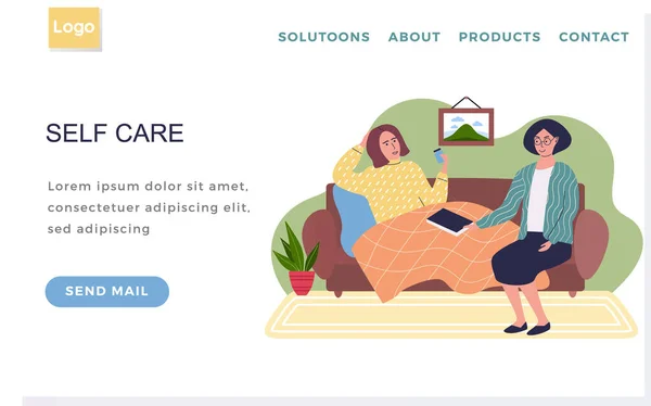 Diseño Página Web Internet Mujer Ayudando Tratar Una Chica Enferma — Vector de stock