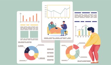 Adam veri raporunu inceliyor. Adam hasta kıza taze meyve veriyor. Olay istatistik konsepti. Diyagramı olan hasta ve iyileşmiş hastaların istatistikleri. Arkaplandaki verilere bakan erkek karakter