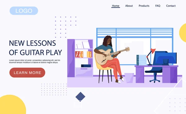 Webseite Mit Neuen Lektionen Des Gitarrenspiels Mädchen Sitzt Mit Musikinstrument — Stockvektor