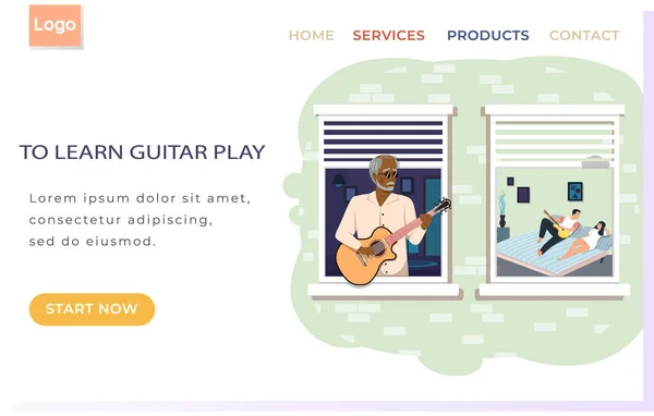 Website Learn Guitar Play Elderly Man Plays Musical Instrument Guy — Stock Vector