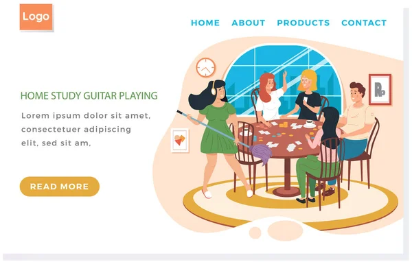 Sitio Web Con Estudio Casa Tocando Guitarra Gente Con Juego — Archivo Imágenes Vectoriales