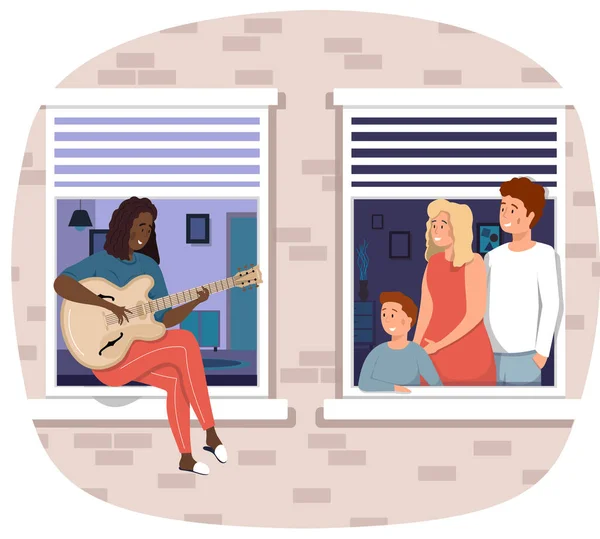 African American Woman Balcony Plays Guitar Person Sings Song Audience — Stock Vector