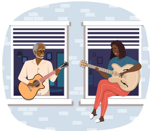 Fashionable Elderly Man Sings Woman Duet People Balcony Playing Guitar — Stock Vector