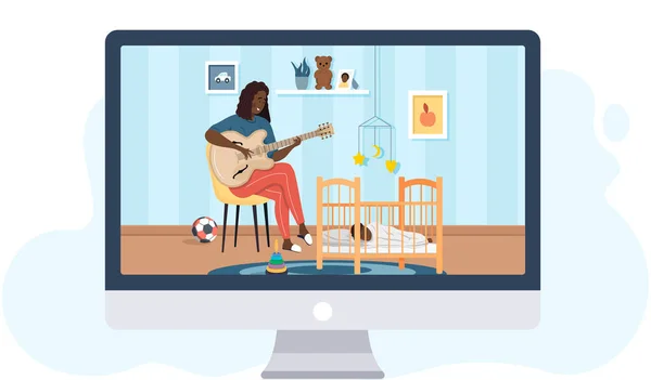 Anne Gitar Çalar Ninni Söyler Bebeği Beşiğine Koyar Sağlıklı Bir — Stok Vektör