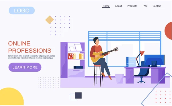 Online Professions Concept Website Landing Page Template Guy Sitting Office — Stock Vector