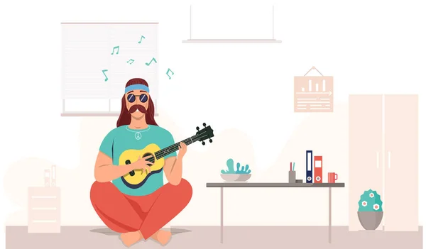 Elinde Ukulele Olan Erkek Hippi Ozan Müzisyen Enstrümanda Teller Çalıyor — Stok Vektör