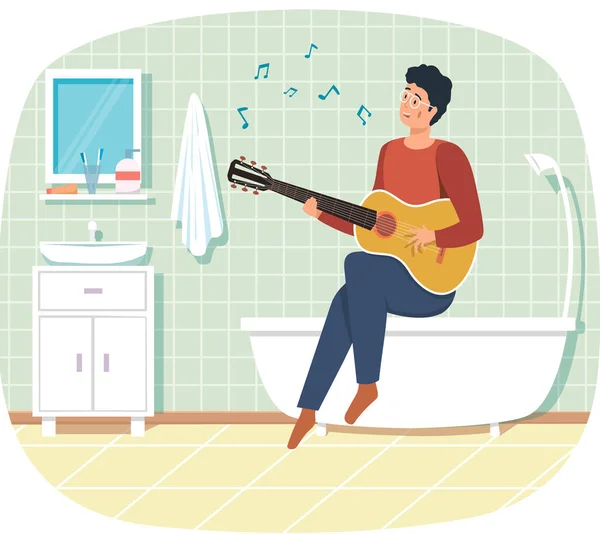 Homem Canta Música Tipo Sentado Banheira Casa Banho Com Guitarra —  Vetores de Stock