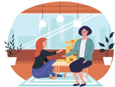 Karikatür çizimi, vektör illüstrasyonu ve akşam rahat oturma odası atmosferinde jenga oynayan kadınlar. Kız ve anne dostu aile ya da iyi arkadaşlar hafta sonları mantık oyunuyla vakit geçirirler.