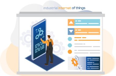 Akıllı endüstri, fabrikayı tablet kullanarak ve ağ ile veri alışverişi yaparak kuran erkek işçi. Yapay zeka. Endüstriyel internet. Mühendis ekipmanı kontrol ediyor. 4ir devrim Al, IOT