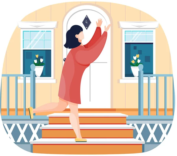 家の近くの階段に赤いドレスを着たかわいい女性が楽しそうに両手を横に上げ 手のベクトルイラストの波を作ります フル長いです印象的な幸せな女性マネージャー上の玄関 — ストックベクタ