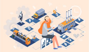 Endüstri otomasyon üretim hattı, internet gibi şeyler. Dijital cihazları, modern endüstriyel teknolojileri, makineleri ve robotları olan fabrikaları kullanan imalat ekipmanları 4ir revolution, AI, IoT