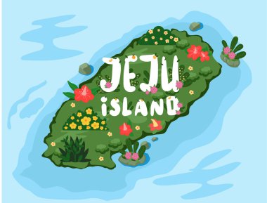 Güney Kore 'deki Jeju adasına hoş geldiniz. Geleneksel simgeler, semboller, turistler için popüler bir yer. Jeju yeşil adası ve su seyahati. Geleneksel cazibesi olan Kore toprakları