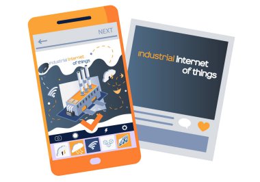 Telefon ekranında yenilikçi üretim binası. Endüstriyel internet. Dijital cihazlar ve teknolojiler kullanan imalat ekipmanlarıyla sanayi otomasyon fabrikası, teknik uygulama