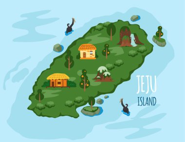 Güney Kore 'deki Jeju adasına hoş geldiniz. Geleneksel simgeler, semboller, turistler için popüler bir yer. Jeju yeşil adası su seyahati konsepti. Geleneksel cazibesi olan Kore toprakları