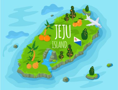 Güney Kore 'deki Jeju adasına hoş geldiniz. Geleneksel simgeler, semboller, turistler için popüler bir yer. Jeju yeşil adası ve su seyahati. Geleneksel cazibesi olan Kore toprakları