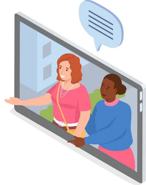 Ženy Mluví Telefonu Videohovory Kamarádkou Ženské Postavy Komunikující Pomocí Smartphonu — Stockový vektor