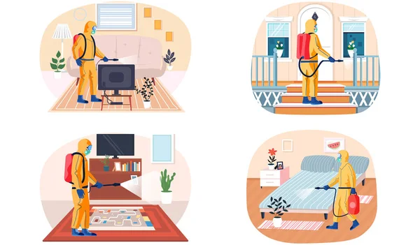 Ensemble Illustrations Sur Homme Combinaison Protection Nettoyer Les Surfaces Appartement — Image vectorielle