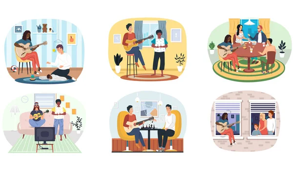 stock vector Set of illustrations about people playing guitar and performing songs live for relatives and friends. Guitarists with musical instruments. Characters have fun and play games at home with music