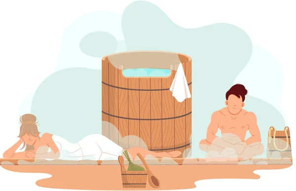 Man Woman Sauna Spend Time Together People Towels Sitting Hot — Stock Vector