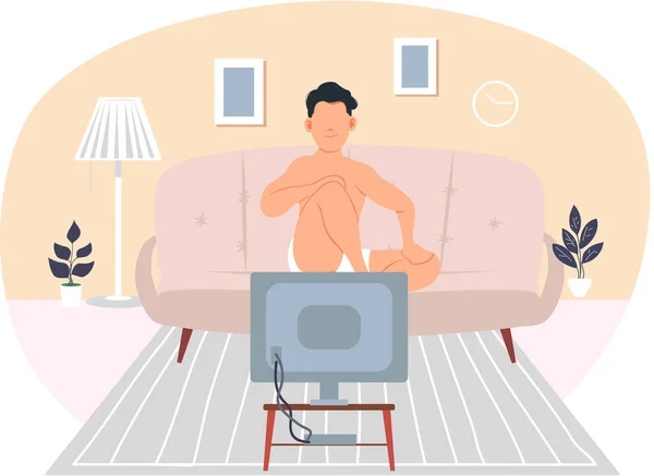Mann Vor Dem Fernseher Wohnzimmer Vektor Illustration Der Männliche Charakter — Stockvektor