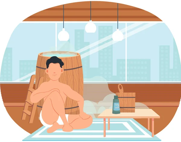 Apartmanda Tahta Küvetin Yanında Oturan Adam Hamamda Banyada Dekorasyonunda Namlunun — Stok Vektör