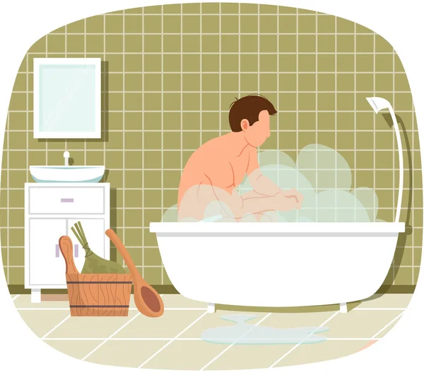 Sıcak Suyla Küvette Oturan Adam Modern Banyo Modern Tasarımı Adam — Stok Vektör
