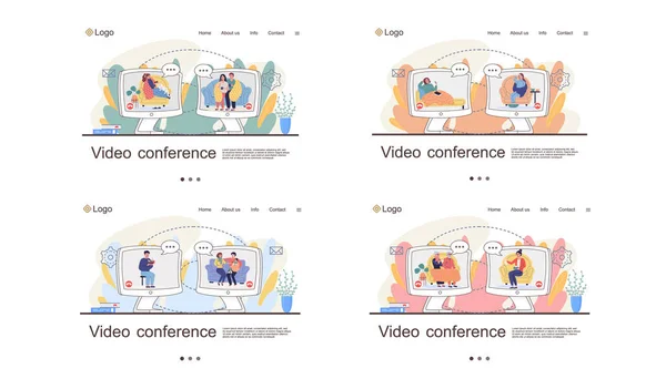 Fotoset Videoconferentie Mensen Communiceren Nemen Medicijnen Zelfisolatie Karakters Online Bijeenkomsten — Stockvector