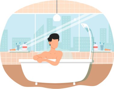 Sıcak suyla küvette oturan adam. Modern banyo modern iç tasarımı. Adam banyoda buhar içinde. Erkek karakter saunada buharla dinleniyor. Banyo vektör illüstrasyonunda dinlenen kişi