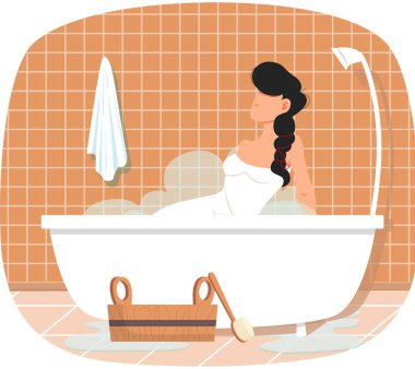 Sıcak suyla küvette oturan bir kadın. Moda banyo iç tasarımı. Kız banyo yapıyor. Cilt ve saç temizleme konsepti. Kadın karakter saunada buhar ve banyo aksesuarlarıyla dinleniyor.