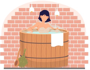 Küvette oturan genç bir kadın. Hamamda ya da banyada ev dekorasyonunda. Varildeki seksi kız saunada dinleniyor. Sıcak buhar içindeki kadın karakter. Özel saunada insan derisini temizliyor.