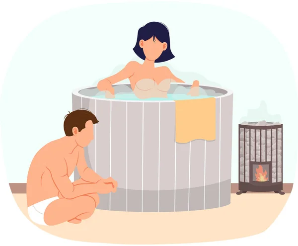 裸の女が浴槽に立って彼氏と話していた 浴室のインテリアデザイン カップルはサウナで休んでいる 熱い蒸気の漫画のキャラクターは体をきれいにし 一緒に時間を費やしています — ストックベクタ