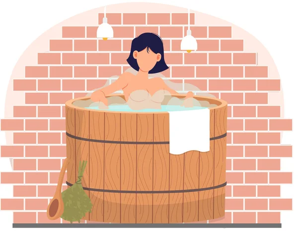 年轻的女人坐在浴缸里 家庭室内设计的浴室或班亚 桶里的性感女孩在桑拿休息 女性角色在火热的蒸汽中 在特殊的家庭桑拿里 人们正在擦拭皮肤 — 图库矢量图片