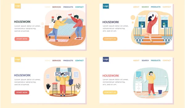 家务活登陆页面模板与人们做家务活在他们的公寓设置四个场景 呆在整洁的家里 家庭成员一起进行卫生 打扫房屋的活动 — 图库矢量图片