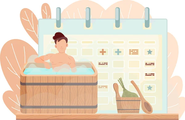男人坐在木制浴缸里 在枪管里的家伙躺在日历的背景上 上面有记号 男主角沐浴在热蒸汽中 人在沸水中洗澡 时间跟踪和时间管理 — 图库矢量图片