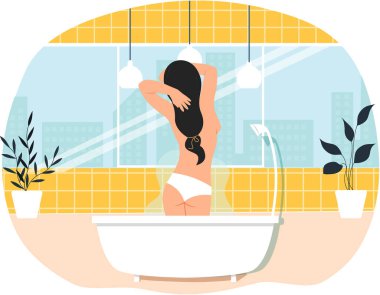 Sıcak suyla küvette duran bir kadın. Moda banyo iç tasarımı. Kız banyo yapıyor. Cilt ve saç temizleme konsepti. Kadın karakter saunada buharla dinleniyor ve duş alıyor.