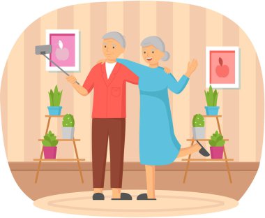 Pencerenin arkasında duran ve telefonda fotoğraf çeken yaşlı bir çift. Selfie çubuklu aile, fotoğraf için monopod pozu. Yaşlı adam ve kadın dairede akıllı telefondan selfie çekiyorlar.