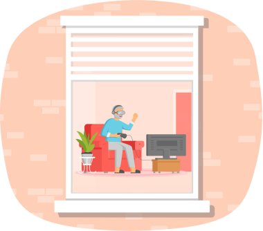 Pencereden, video oyunları oynayan yaşlı adama bak. Sunbae, konsol kontrolörüyle video oyunu oynuyor. Yaşlı karakterin modern bir yaşam tarzı var. VR gözlüklü kişi çevrimiçi vektör çizimi oynar