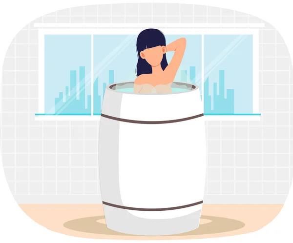 站在白色浴缸里的年轻女子 浴室或Banya现代室内设计 桶里的女孩在桑拿休息 热水中的女性角色 有人把手放在背后擦拭着皮肤 — 图库矢量图片