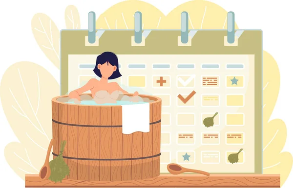 清洗桑拿的皮肤和头发 女性角色是在木制字体和热水和蒸汽中放松 女孩根据时间表洗澡 带有标志和时间管理概念的日历 — 图库矢量图片