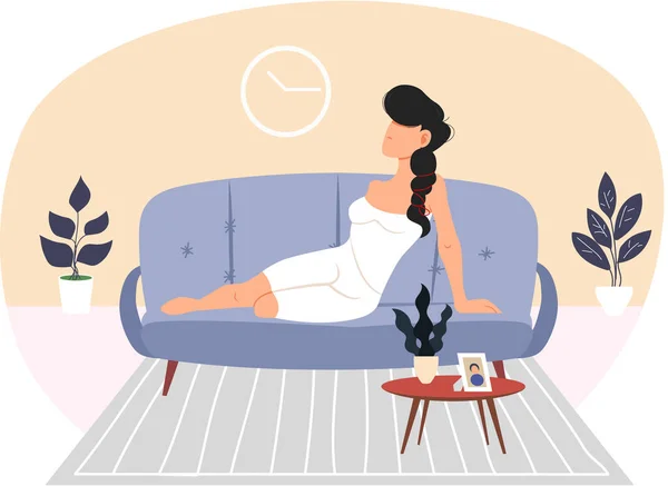 Brunette Lady Lying Modern Living Room Vector Illustration Woman Wearing — Stock Vector