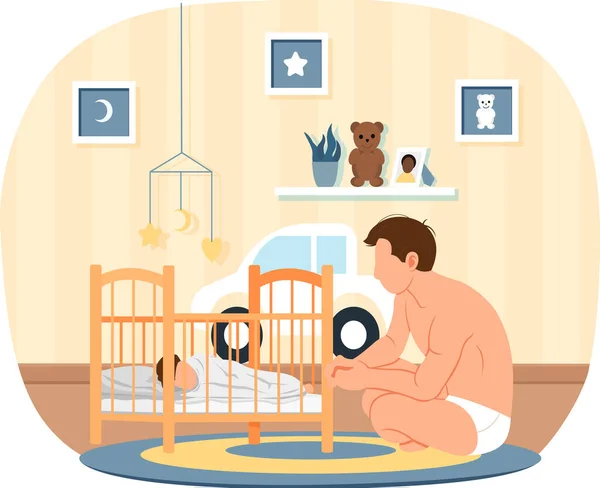 Man Puts Child Bed Healthy Kid Happy Family Father Spends — Stock Vector