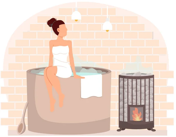 若い女性がバスタブに座っている 自宅のインテリアデザインで浴場やバンヤ タオルに包まれた樽の女の子はサウナで休んでいます 熱い蒸気中の女性キャラクター 火装置で加熱した水の入った容器 — ストックベクタ