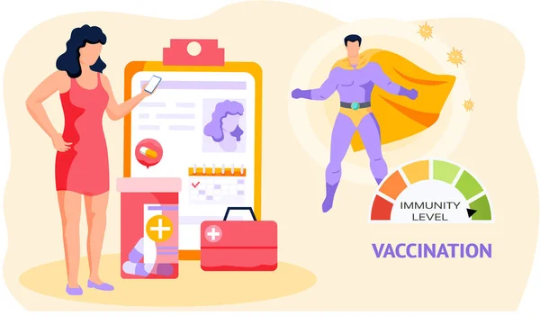 Personnage Féminin Regarde Écran Téléphone Traitement Des Maladies Vaccination Concept — Image vectorielle