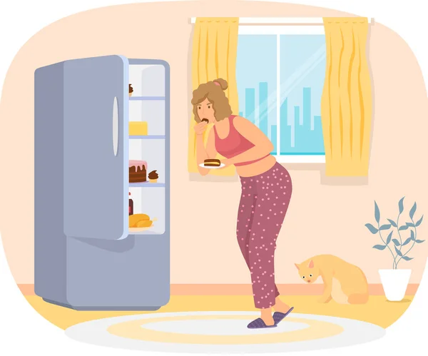 Woman Eats Cake Refrigerator Eating Junk Food Pastries Wrong Way — Stock Vector
